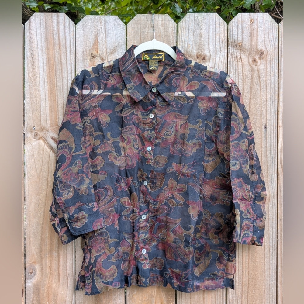 Mirasol Black Floral Burnout Patterned 3/4 Sleeve Semi Sheer Button Down Shirt